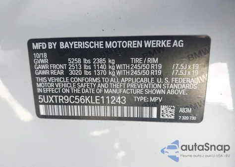 2019 BMW X3 xDrive30I из США, поврежденный, VIN 5UXTR9C56KLE11243